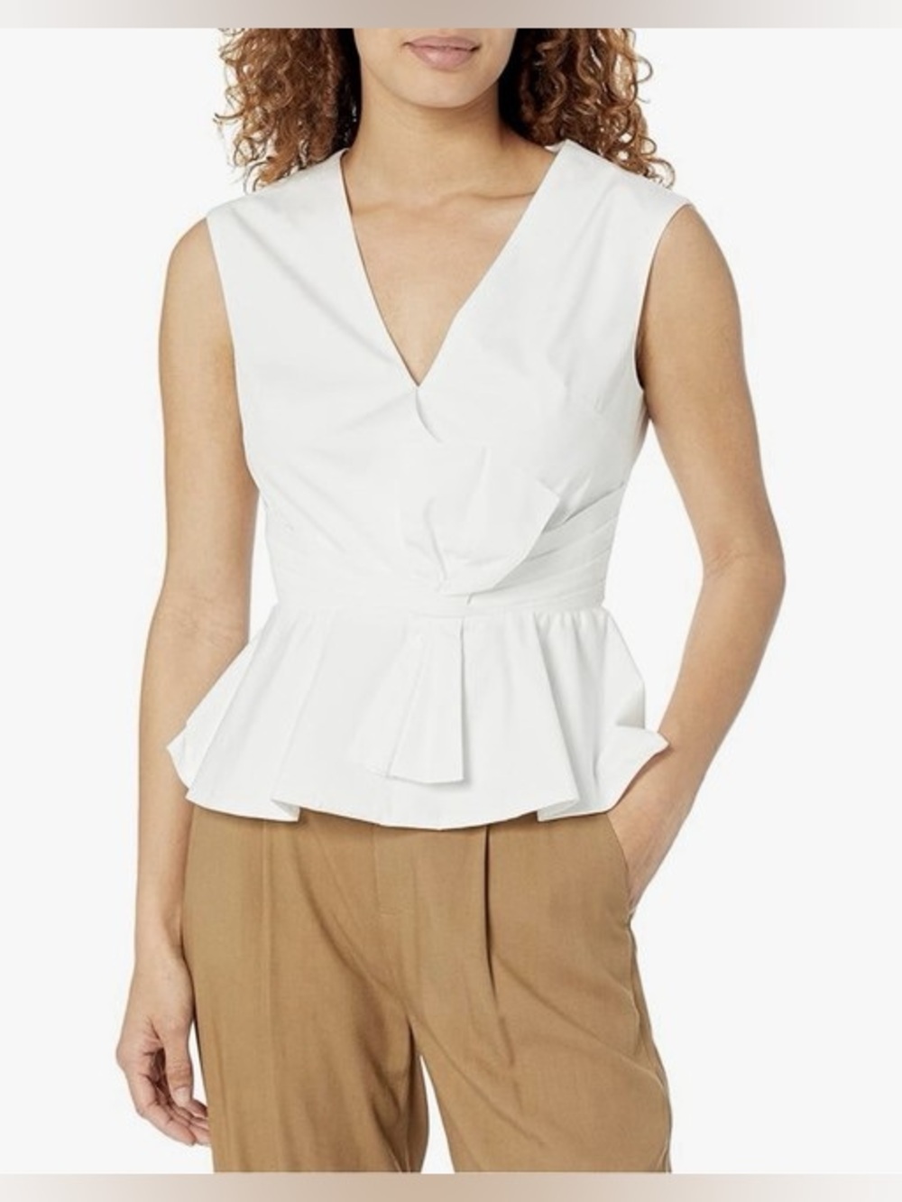 🤍✨CLUB MONACO White Cotton Poplin Pleated Waisted Bow Top Blouse size 10